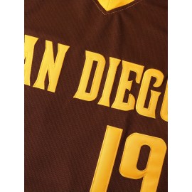 Men's Baseball Sweatshirt #19 - Brown V-Neck Polyester Pullover with Yellow '19' & Letter Design, Loose Fit for Casual, Team Sports, Outdoor Activities (S-3XL), Versatile Pullover, Relaxed Fit Top, Quality Stitching