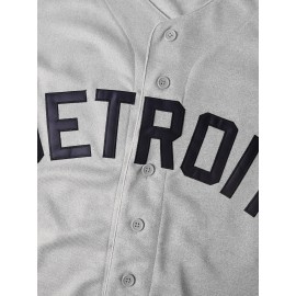 Men's Detroit 6 Embroidered Baseball Jersey - V-Neck Short Sleeve Button-Up Shirt with Bold Lettering & Number 6 Design, Loose Fit Polyester Top for Training, Casual Wear & Sports (Sizes S-3XL)