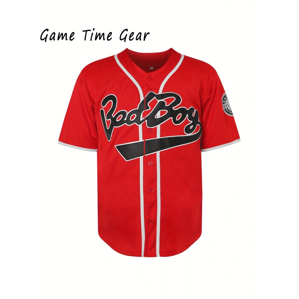 Men'S # 10 Red Baseball Shirt With Embroidered Letter V-neck Button Polyester Fiber Machine Washable - Perfect For Sports And Casual Size S-3XL