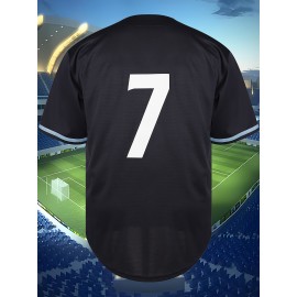 Men'S Black # 7 Baseball Shirt, Classic Letter Embroidery Design, Breathable Button Style Short Sleeved Shirt, Suitable For Training And Games, SizS--XXXL