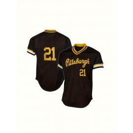 Men's Pittsburgh #21 Baseball Jersey - Black & Yellow V-Neck Pullover with Striped Sleeves, All-Season Machine Washable Sportswear for Team Sports, Halloween & Christmas, Baseball Shirt, Outdoor Activity Apparel, Sporty Vneck Style, Durable Sportswear