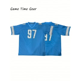 Men's #97 Blue Embroidered Rugby Jersey - 100% Polyester V-Neck Sportswear with Slight Elastic Fabric, Loose Fit for Casual & Team Sports, Machine Washable, Sizes S-3XL for Adults & Teens