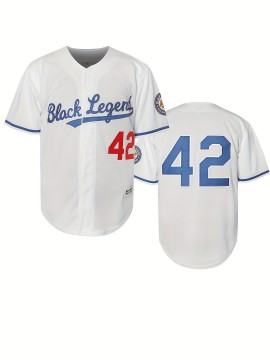 #42 Men's Retro Letter Embroidery Design Short Sleeve V-neck Breathable Button Up Shirt, Men's Summer Loose Baseball Jersey