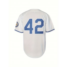 #42 Men's Retro Letter Embroidery Design Short Sleeve V-neck Breathable Button Up Shirt, Men's Summer Loose Baseball Jersey