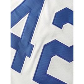 #42 Men's Retro Letter Embroidery Design Short Sleeve V-neck Breathable Button Up Shirt, Men's Summer Loose Baseball Jersey