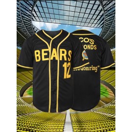 Men'S#12 Baseball Jersey, V-Neck Polyester Sports Top With Slight Stretch, Loose Fit With Button Closure, Letter And Number Pattern, Breathable Comfort For Training, Casual, Beach, Hiking - Sizes S-3XL