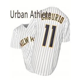 Men's #11 Embroidered Striped Baseball Jersey - V-Neck, Button-Up, Breathable Polyester - Perfect for Sports & Outdoor Activities