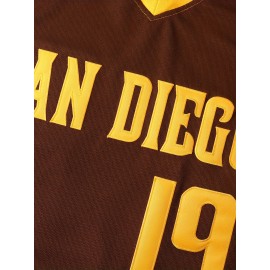 Men's San Diego 19 Baseball Jersey - Brown & Yellow V-Neck Short Sleeve, Lettering & Number 19, Loose Fit Polyester, Machine Washable for Casual, Outdoor, Sports, Party Wear, Outdoor Activity Apparel, Sporty Look, Detailing