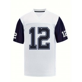 Men'S #12 Breathable Rugby Jersey - White & Navy Blue V-Neck, Short Sleeve with Classic Embroidery, Polyester Mesh Fabric for Training & Sports, Rugby Accessories