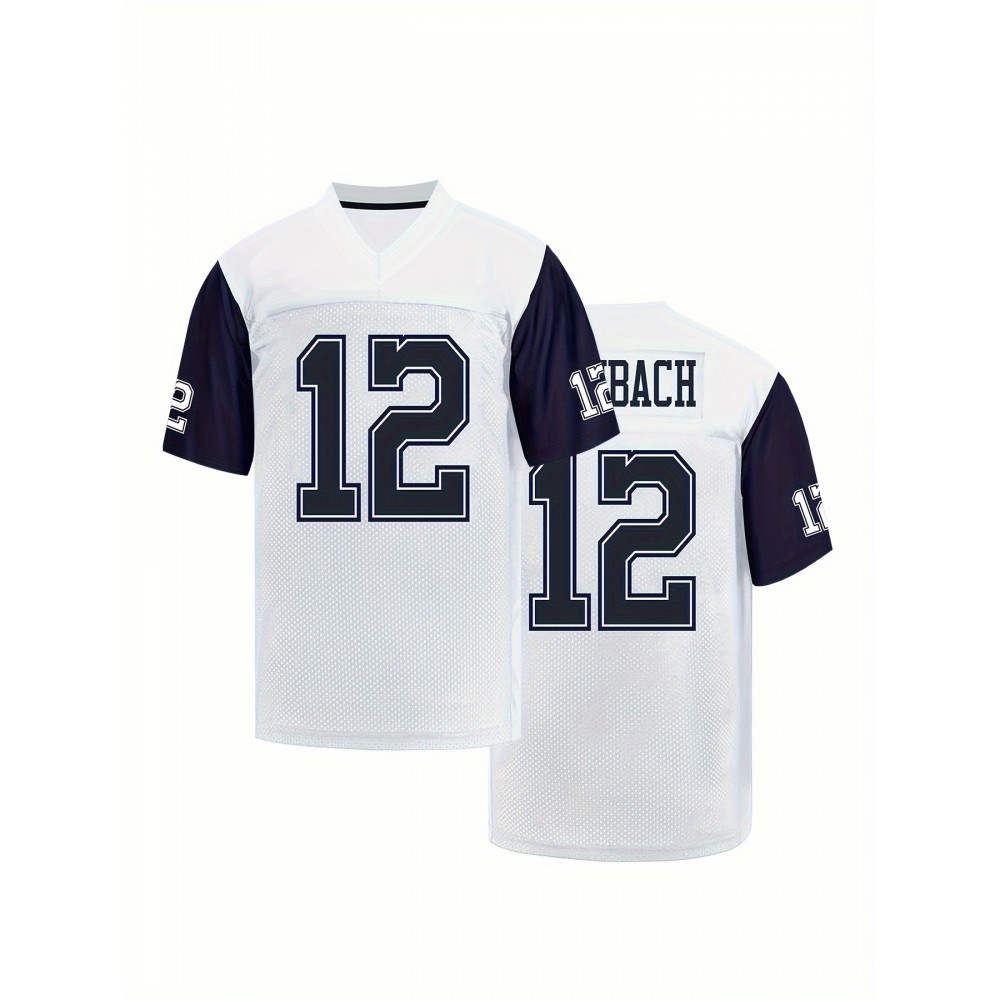 Men'S #12 Breathable Rugby Jersey - White & Navy Blue V-Neck, Short Sleeve with Classic Embroidery, Polyester Mesh Fabric for Training & Sports, Rugby Accessories