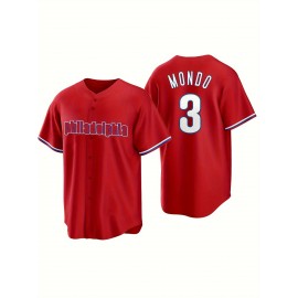 Men'S Retro PHILADELPHIA #3 Embroidery Design Short Sleeve V-neck Loose Button Up Shirt, Men'S Summer Baseball Jersey