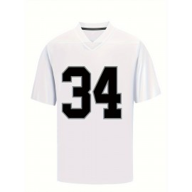 Men's White #34 Breathable Rugby Shirt - Classic Embroidered American Style V-Neck Short Sleeve, Loose Fit Knit Fabric for All-Season Comfort - Training, Hiking, Outdoor & Casual Wear - Adult & Youth Sizes, Sports Training Apparel, Embroidered Detailing