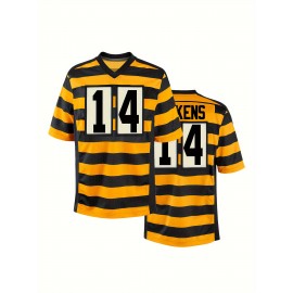 Men's Yellow #14 Rugby Shirt - Breathable V-Neck Short Sleeve with Embroidered Lettering, 100% Polyester Loose Fit Training & Casual Shirt for All Seasons, Outdoor Activities, Parties - Machine Washable