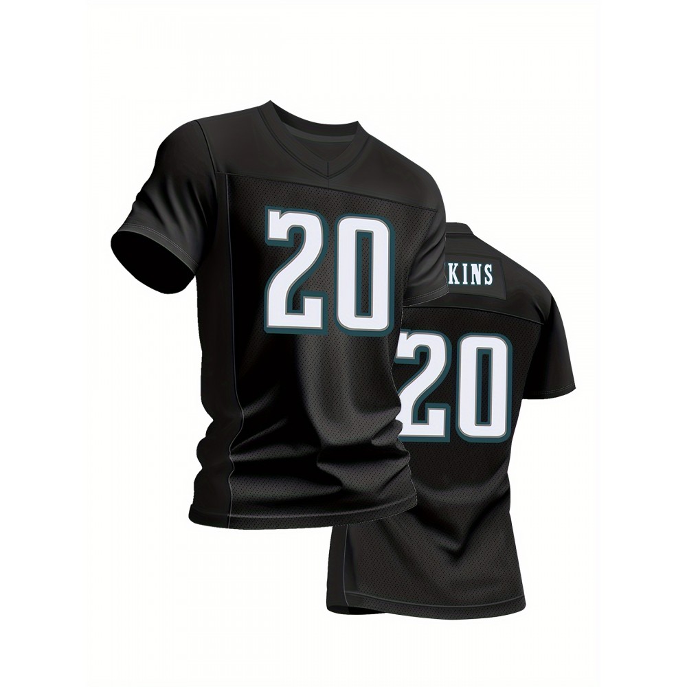 Men'S Black #20 Breathable Casual Football Shirt, Classic American Embroidered Football Shirt, Sports V-Neck Jersey Short Sleeved Training Shirt