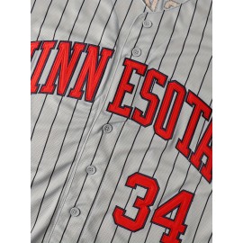 Retro Style Men's Baseball Jersey with Stripes, Breathable Polyester Button-Up Uniform with Embroidered 34 Number, Short Sleeve V-Neck Sports Top for Training, Parties, And Casual Wear