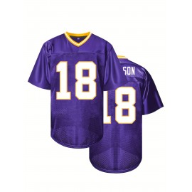 Men's #18 Purple American Football Jersey - Embroidered Lettering & Number, V-Neck Loose Fit, Polyester Retro Sportswear for Games, Training, Casual Wear | All-Season Comfort, Machine Washable, Training Apparel, Durable Sportswear, Embroidered Detailing