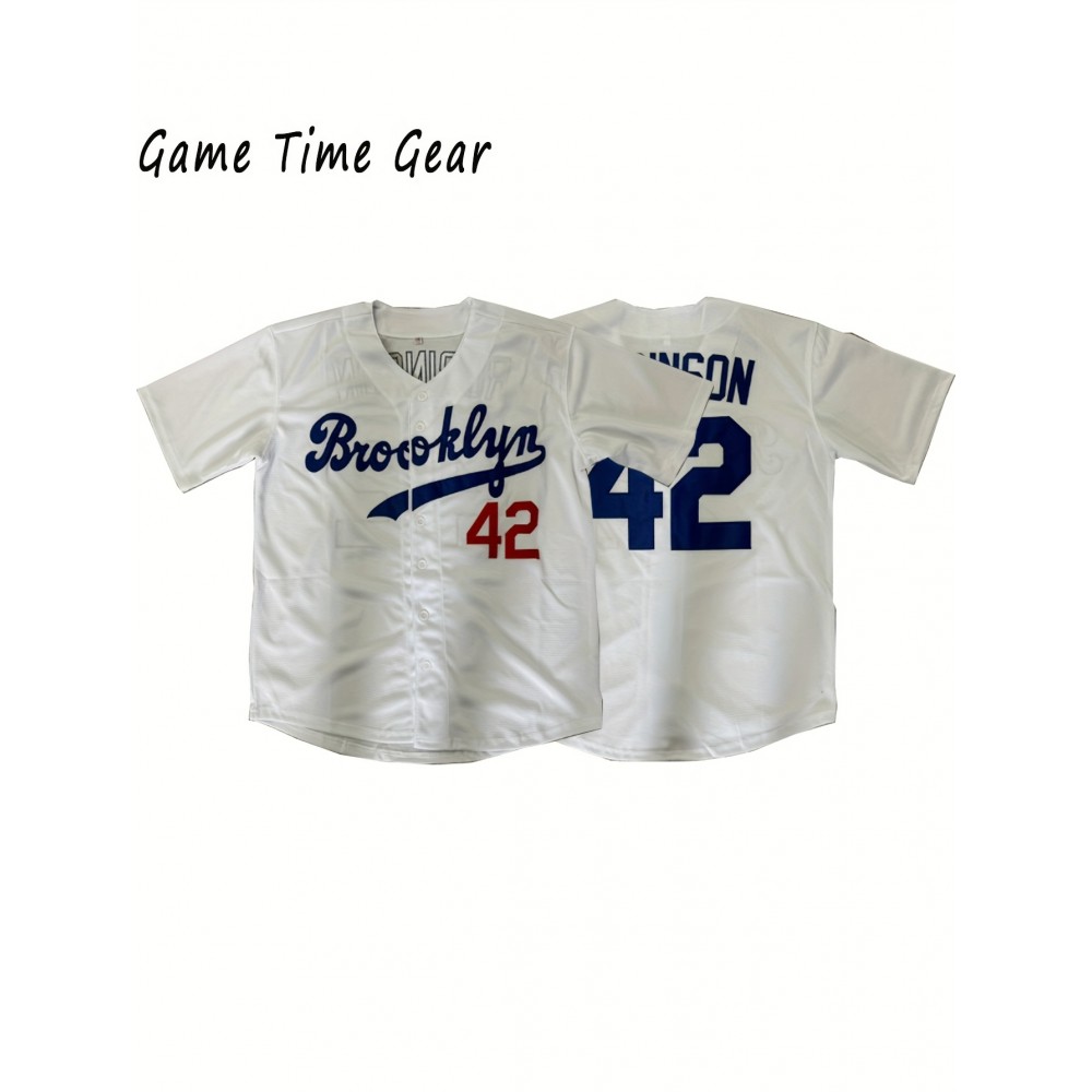 42 White Baseball Jersey Embroidered Men'S Polyester V-neck Button Up Baseball Shirt S-3XL