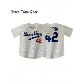 42 White Baseball Jersey Embroidered Men'S Polyester V-neck Button Up Baseball Shirt S-3XL