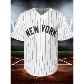 Men'S Black And White Striped # 2 Baseball Shirt With Classic Letter Embroidery Design, Breathable Button Style Short Sleeved Shirt Suitable For Training And Competition S-3XL