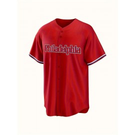 Men's Red #3 Philadelphia Lettered Baseball Jersey - V-Neck Short Sleeve Polyester Shirt, Loose Fit Button-Up for Sports & Casual Wear, Machine Washable, Sizes S-3XL, Outdoor Activity Apparel