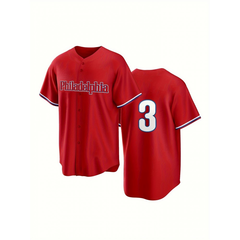 Men's Philadelphia #3 Retro Baseball Jersey - V-Neck Button-Up Loose Fit Breathable Shirt for Training, Competition & Casual Wear | All-Season Machine Washable Sportswear, Vintage Baseball Shirts