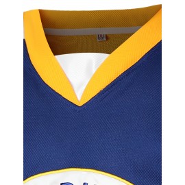 1pc Men'S Ice Hockey Jersey - Polyester V-Neck Long Sleeve Top with Embroidered Lettering, Breathable Knit Fabric, Sports & Casual Wear, Sizes S-3XL