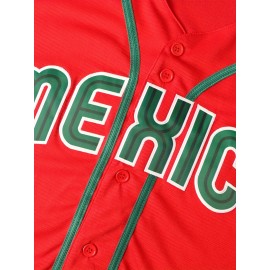 Men'S Classic Red Mexico 56 Baseball Jersey - V-Neck, Short Sleeve, Polyester - Ideal for Sports, Parties & Casual Wear