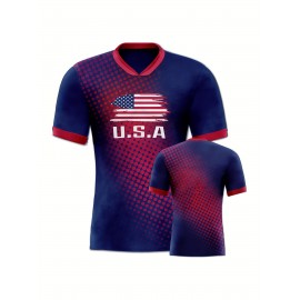 Women's Large Size Professional Sports Fabric Creative Pattern Print North American National Team Soccer Jersey T-shirt, Soccer Jersey Flag Uniforms Shirts, Breathable And Lightweight, Moisture-Wicking, As Gifts For Sports Fans