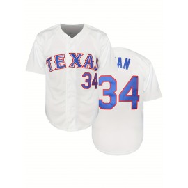 1pc Men'S Embroidered Texas 34 Baseball Jersey - Polyester V-Neck Sports Top with Slight Stretch, Knit Fabric, Button Closure - Versatile for Casual, Festive, Party, Sports Events - Loose Fit for Adults